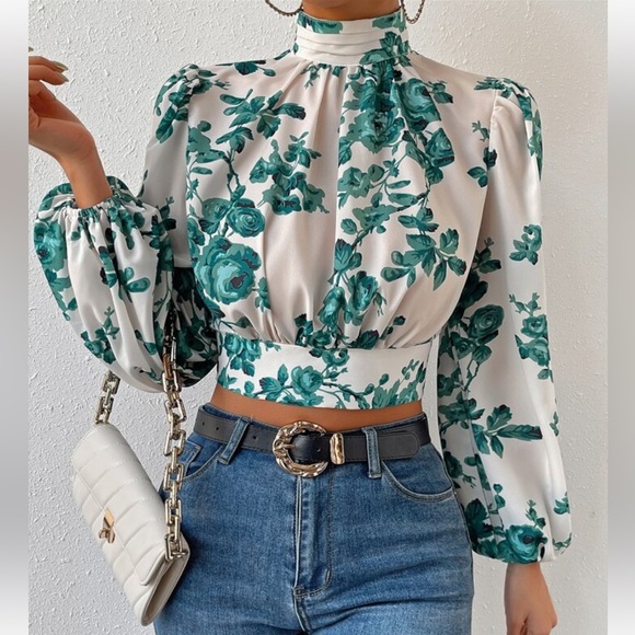 Boho Floral Print Tie Backless Open Back Bishop Sleeve Crop Top Blouse Shirt - Picture 6 of 6